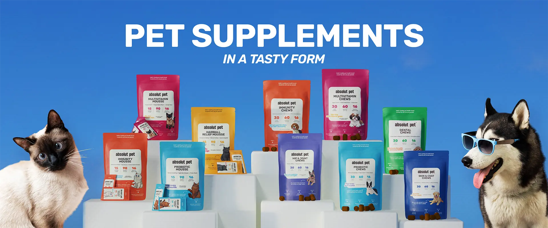 Probiotic gut chews, hip & joint chews and skin & coat chews for dogs