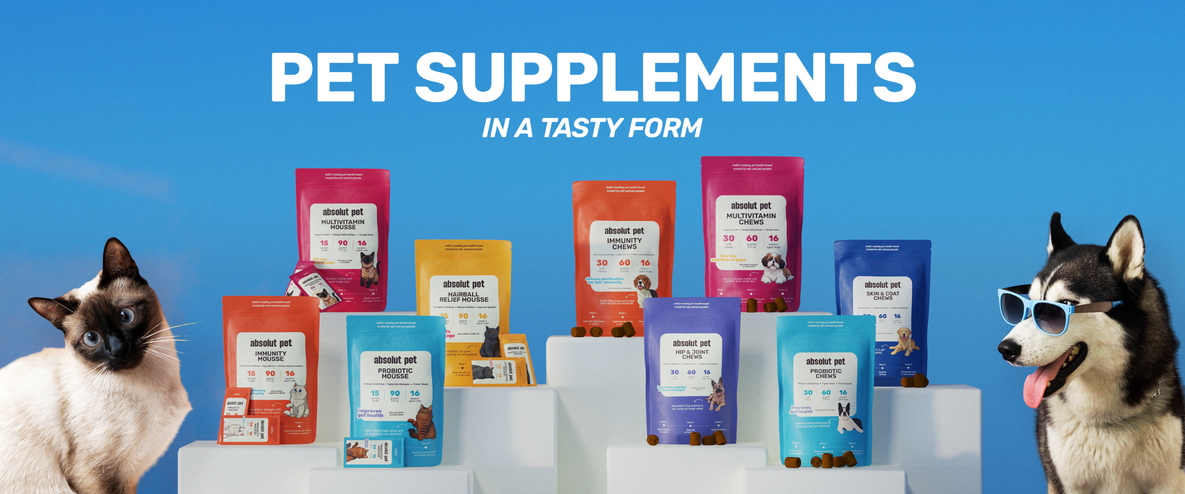 Probiotic gut chews, hip & joint chews and skin & coat chews for dogs